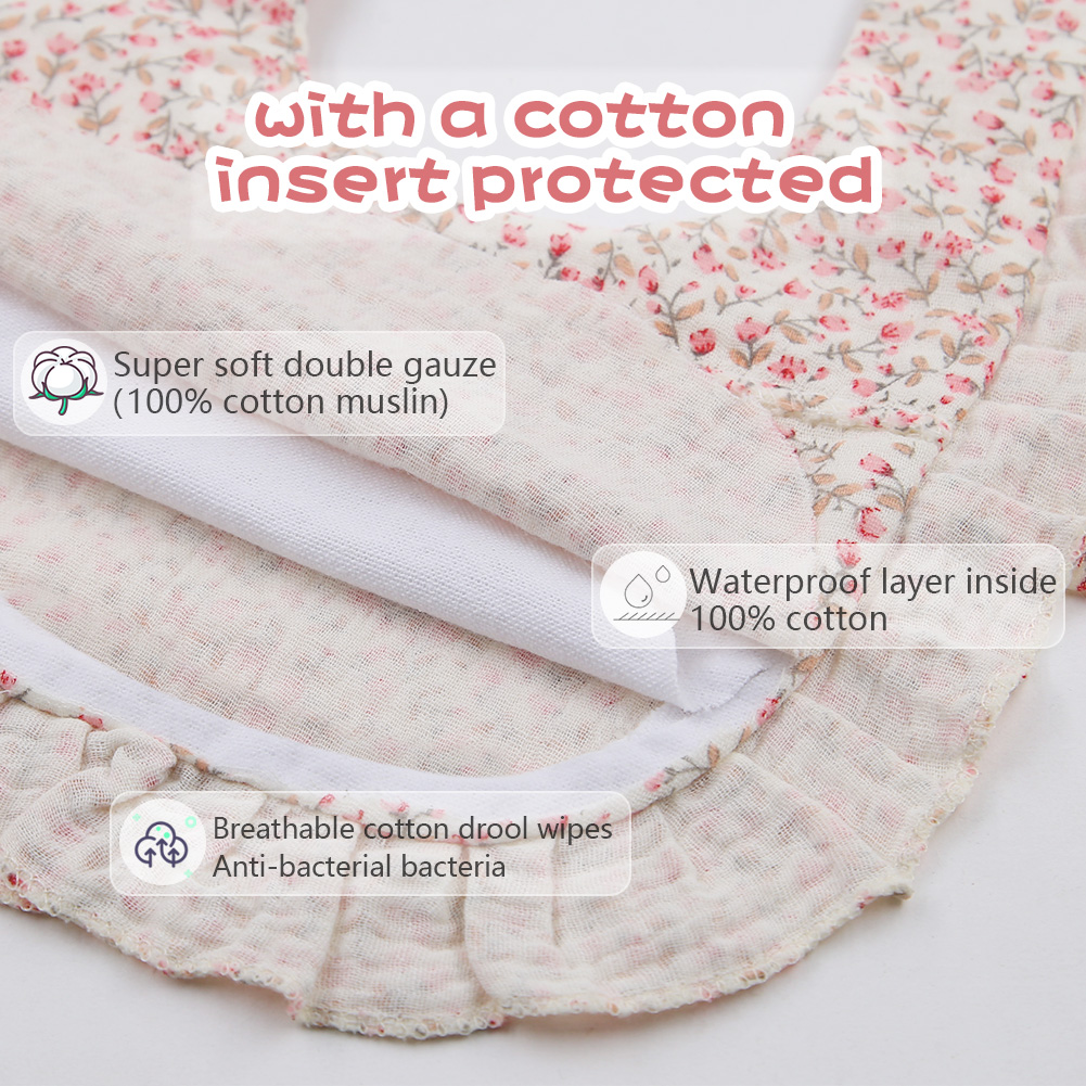 フラワープリントベビーよだれかけ調節可能なスナップ唾液タオルフリルエッジモスリンコットンげっぷ布レインボー A グレード女の子授乳スカーフ