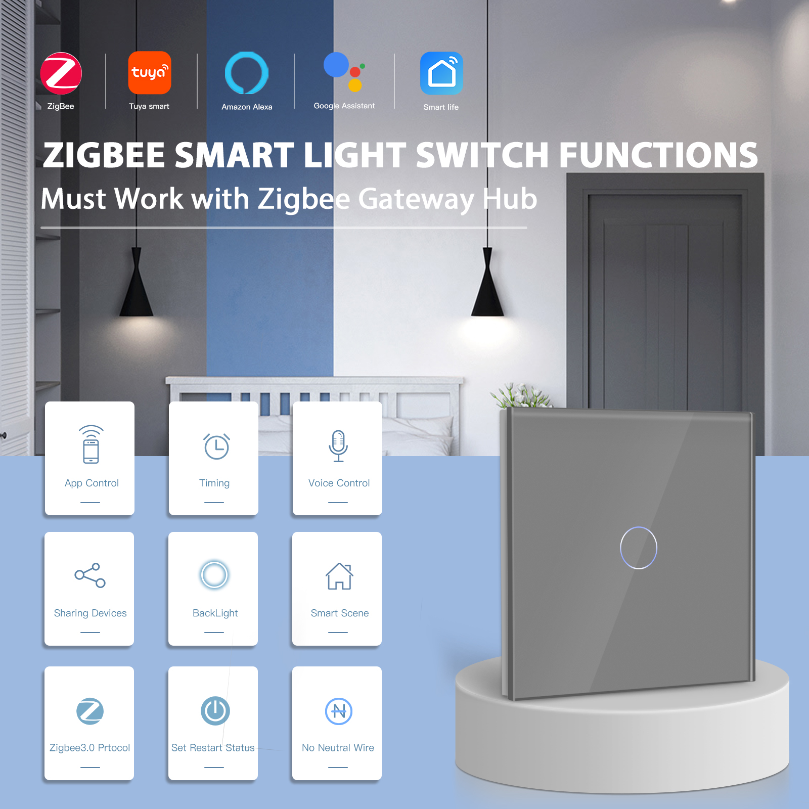 BSEED Smart Zigbee Switches 1/2/3Gang 1Way Интеллектуальный сенсорный выключатель света Настенные сенсорные выключатели Tuya Smart Life Google Alexa
