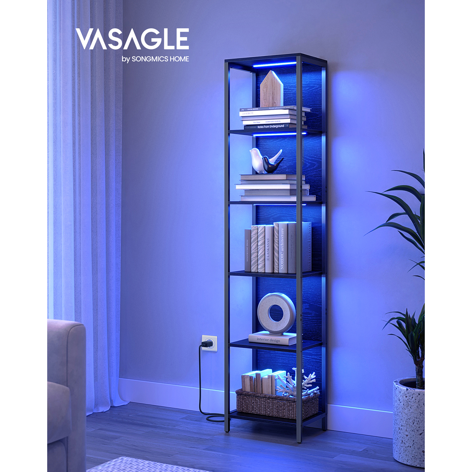 VASAGLE Estantería de 6 Niveles con Luz LED, Librería con Luces Ajustables, Marco de Acero, 30,3 x 40 x 178,6 cm, para Sala de Estar, Dormitorio, Oficina, Negro Ébano
