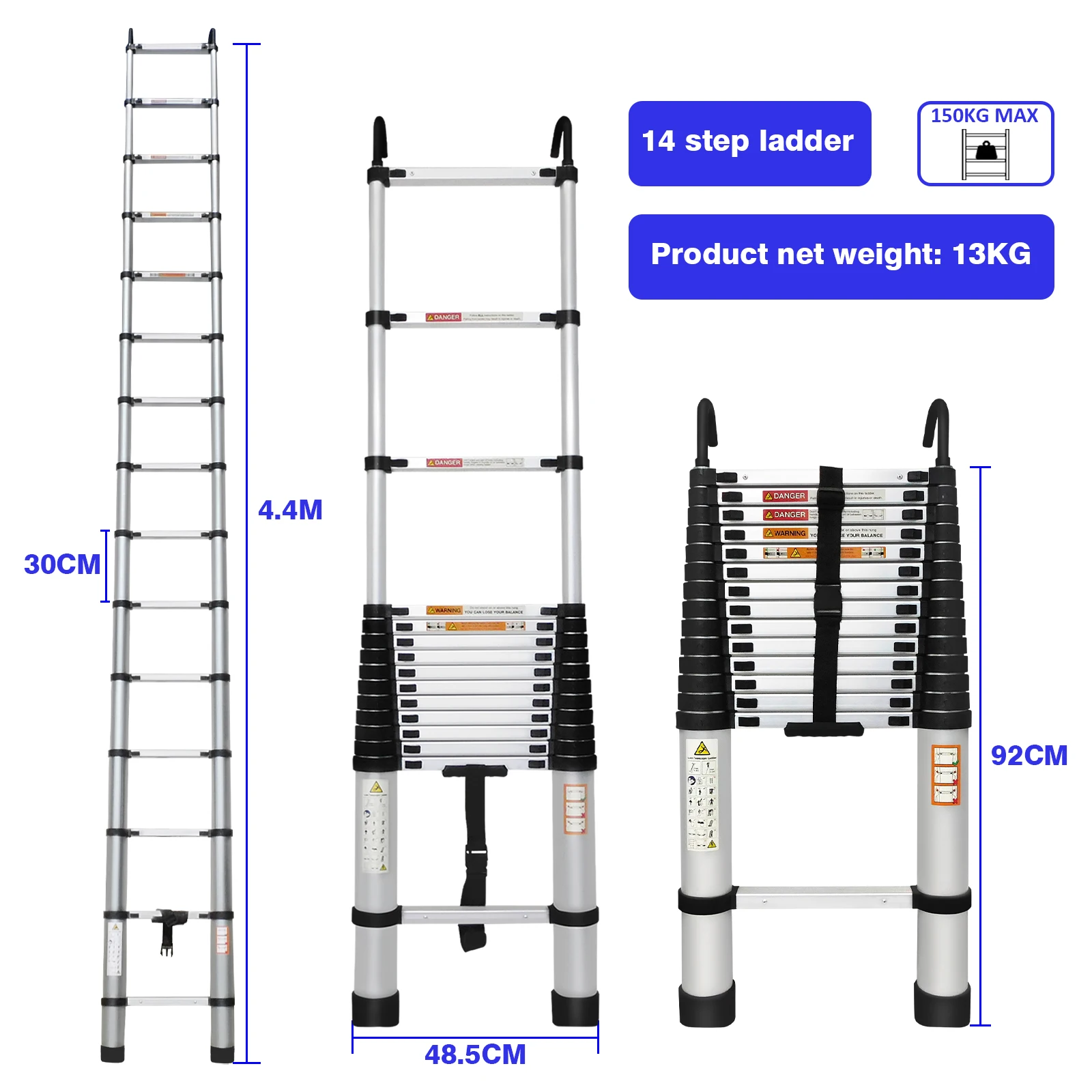 Aluminium Folding Telescopic Step Ladder with Detachable Hooks & Extendable Steps, for Home Loft Roof Ceiling, 330 Lb Capacity