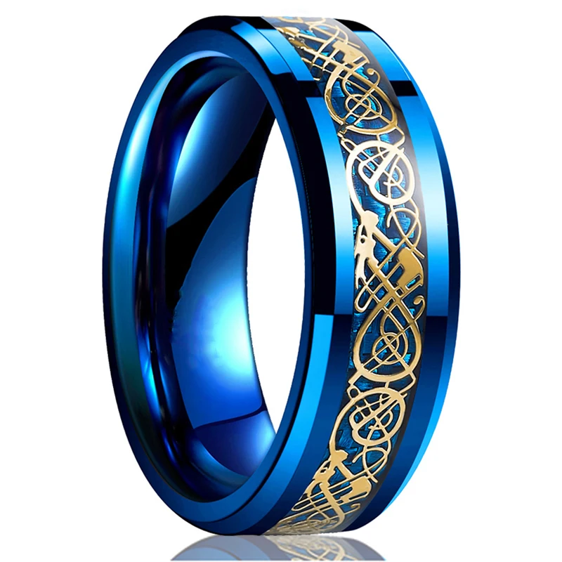 แฟชั่น 8 มม.สแตนเลส Celtic Dragon แหวน Inlay สีแดงสีเขียวสีดําคาร์บอนไฟเบอร์แหวนแต่งงาน Charm เครื่องประดับของขวัญ