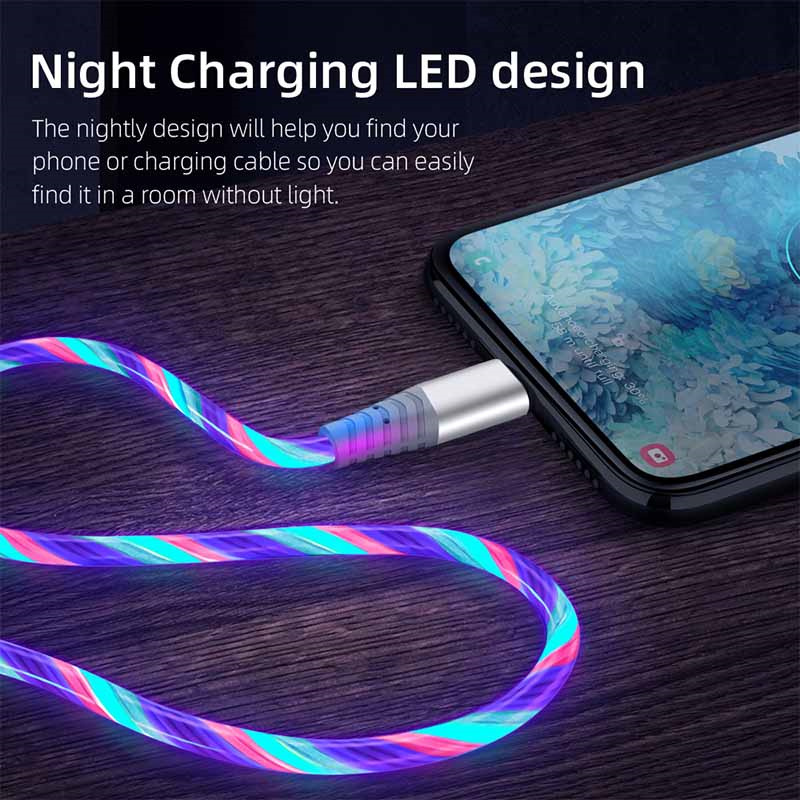 Cable de datos de carga rápida para móvil, Cable Micro USB LED tipo C de flujo luminoso 3A para Samsung, Xiaomi, OPPO, Huawei, IPhone