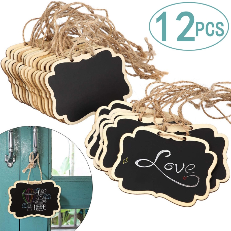 Conjunto de 12 Black Slate apagável Pendurado Quadro Sinais Tags Etiqueta w/Juta Cordas Wall Decor Madeira Quadro Sinais Drop Ship