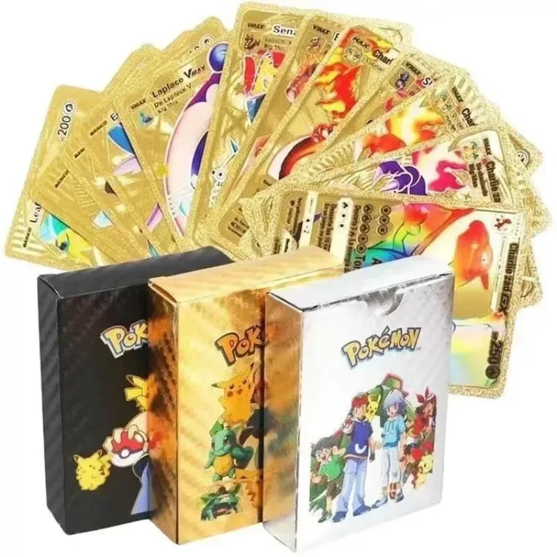 55pcs การ์ด Pokemon ทองเงินสีดํา Pikachu โต๊ะดาดฟ้ากล่องภาษาอังกฤษเยอรมันสเปนฝรั่งเศส Battle การ์ดของเล่นเด็กเกมปาร์ตี้