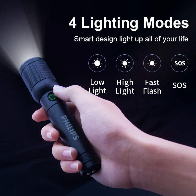 Linterna portátil con zoom óptico Philips con 4 modos de iluminación USB C recargable para acampar autodefensa