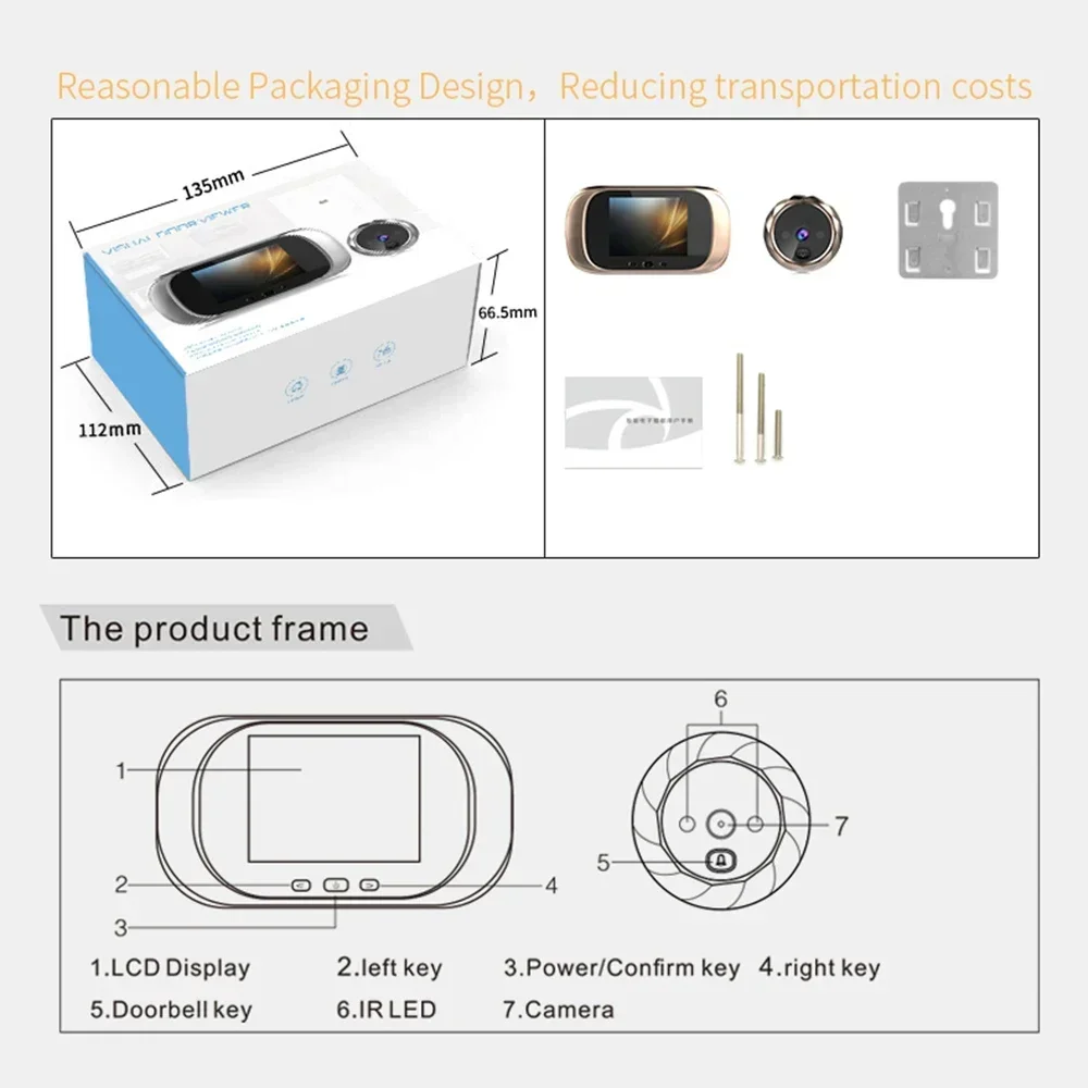 Digital LCD 2.8inch Video Doorbell Peephole Viewer Door Eye Monitoring Camera 90 Degree Doorbell Motion Detection Eye
