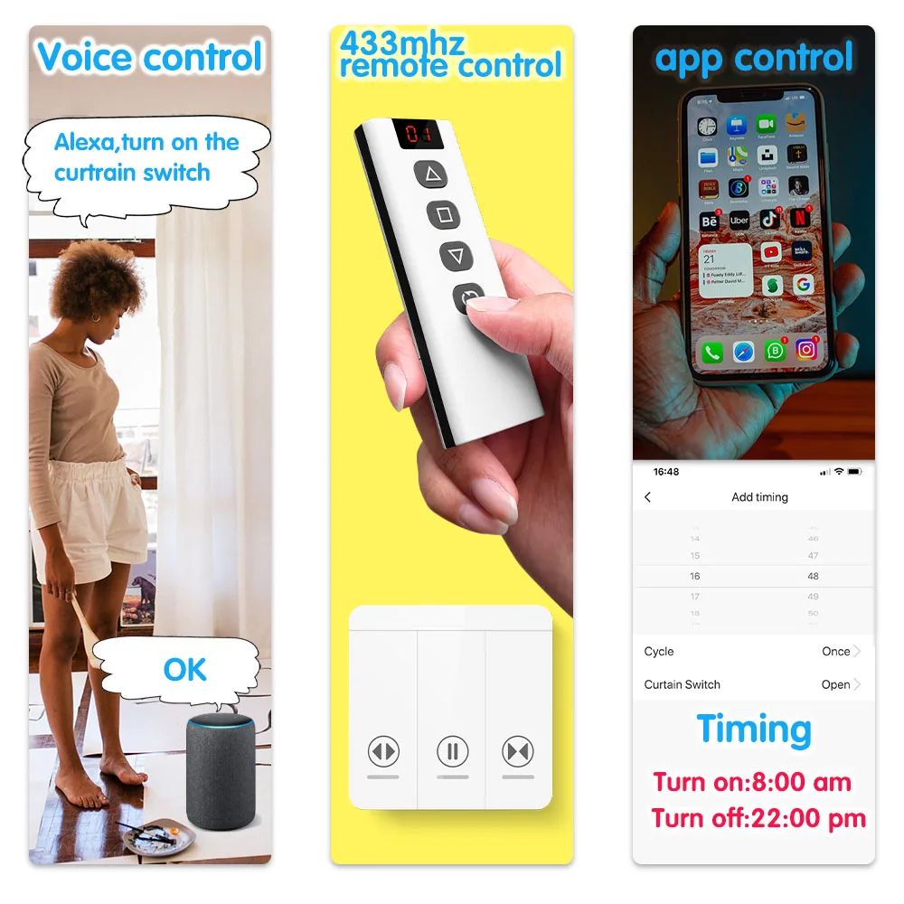 Tuya Smart Life interruptor de cortina Wifi Rf módulo de persiana enrollable 433mhz transmisor de panel de pared, para persianas de ventana de puerta de garaje Alexa