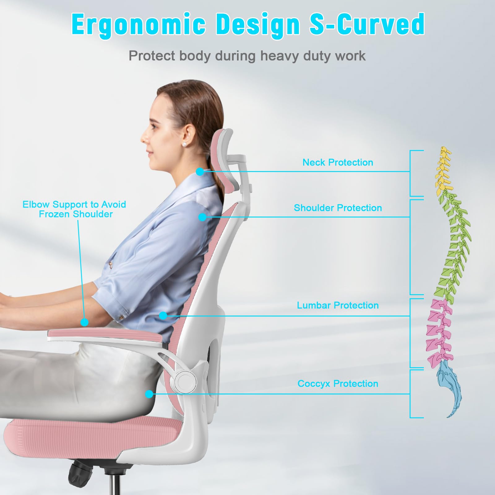 Chaise de bureau ergonomique rose, chaise de jeu relevable à dossier haut avec support lombaire, chaise de jeu pivotante, profondeur du siège réglable