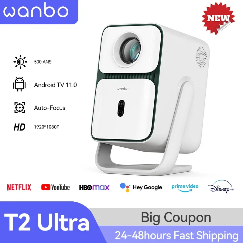 Proyector Wanbo T2 Ultra Andorid TV11.0 1080P compatible con Proyector 4K 500Ansi 120 °   Proyector inteligente con haz doméstico portátil giratorio