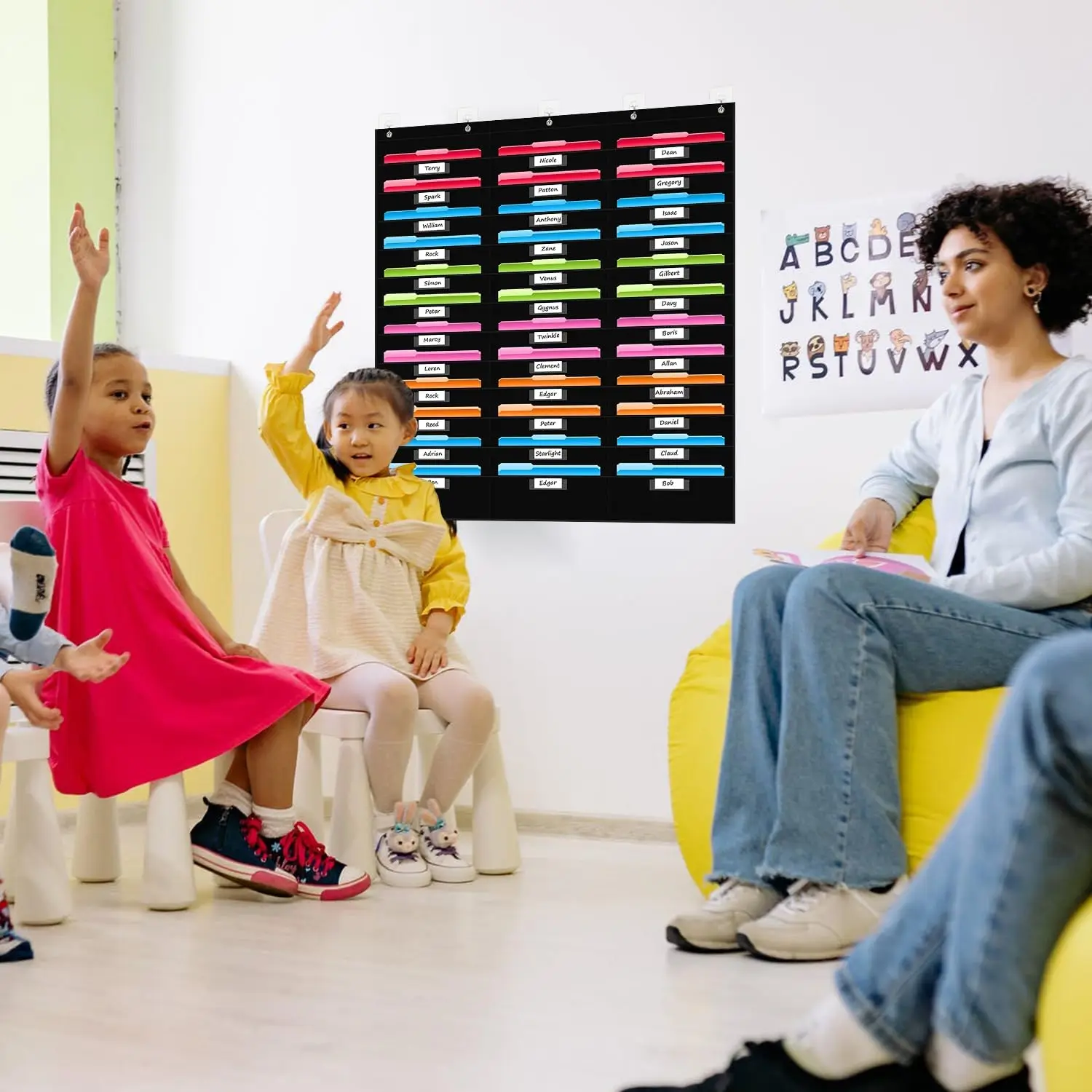 36 Pockets File Storage Pocket Chart with Nametag Pockets, Hanging Wall File Organizer for Classroom and Office