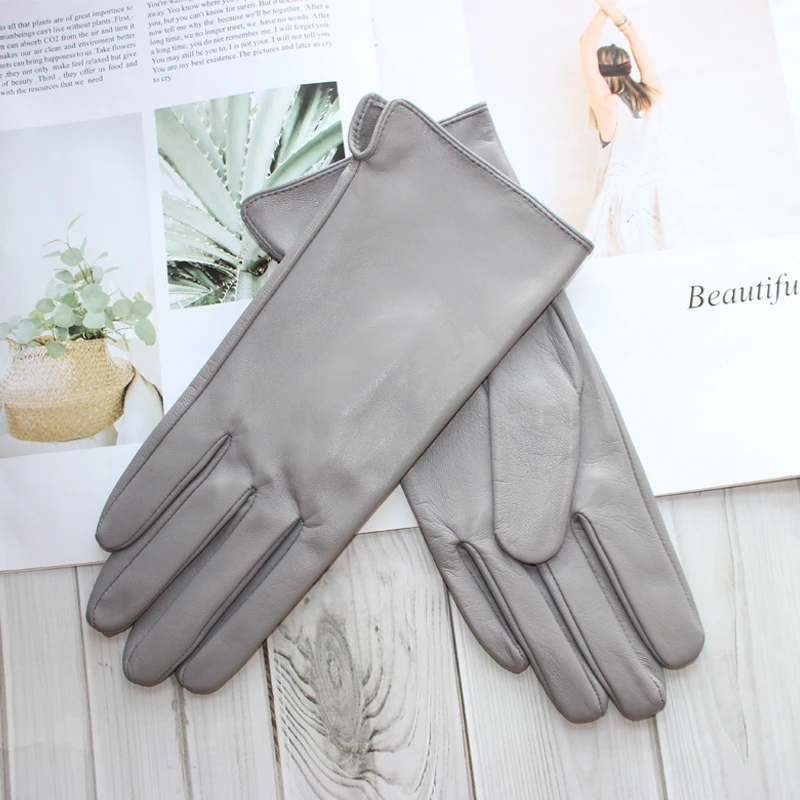 ใหม่สุภาพสตรี Sheepskin Touch Screen ถุงมือหนังเดี่ยวบาง Unlined คลาสสิกสีทึบอเนกประสงค์ตรงถุงมือขับรถ