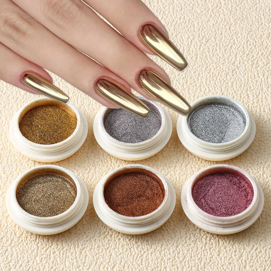 6 piezas de brillo de espejo metálico dorado para decoración de uñas, polvo de oro rosa y plata, esmalte de Gel UV, pigmento para frotar cromado, decoración de manicura en escamas