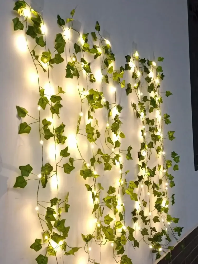2 เมตร LED light string ประดิษฐ์สีเขียว Vine บ้านคริสต์มาสงานแต่งงานเจ้าสาวสวนแขวนพืชสีเขียวปาร์ตี้ตกแต่ง DIY