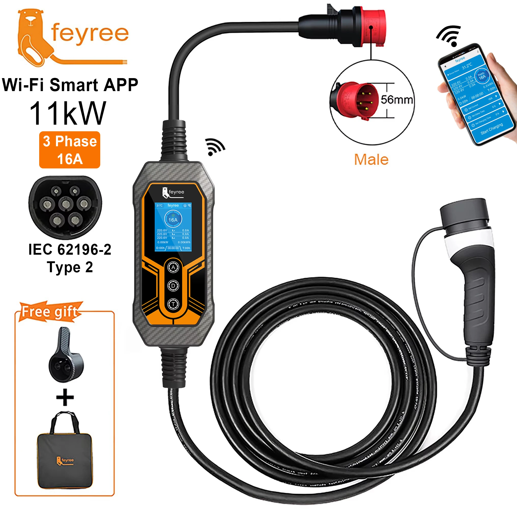 Feyree Tipo 2 Carregador EV Portátil 11KW 16A 3 Fase Wi-Fi APP Versão Bluetooth Cabo de Carregamento EVSE 5m Plugue CEE para Carro Elétrico