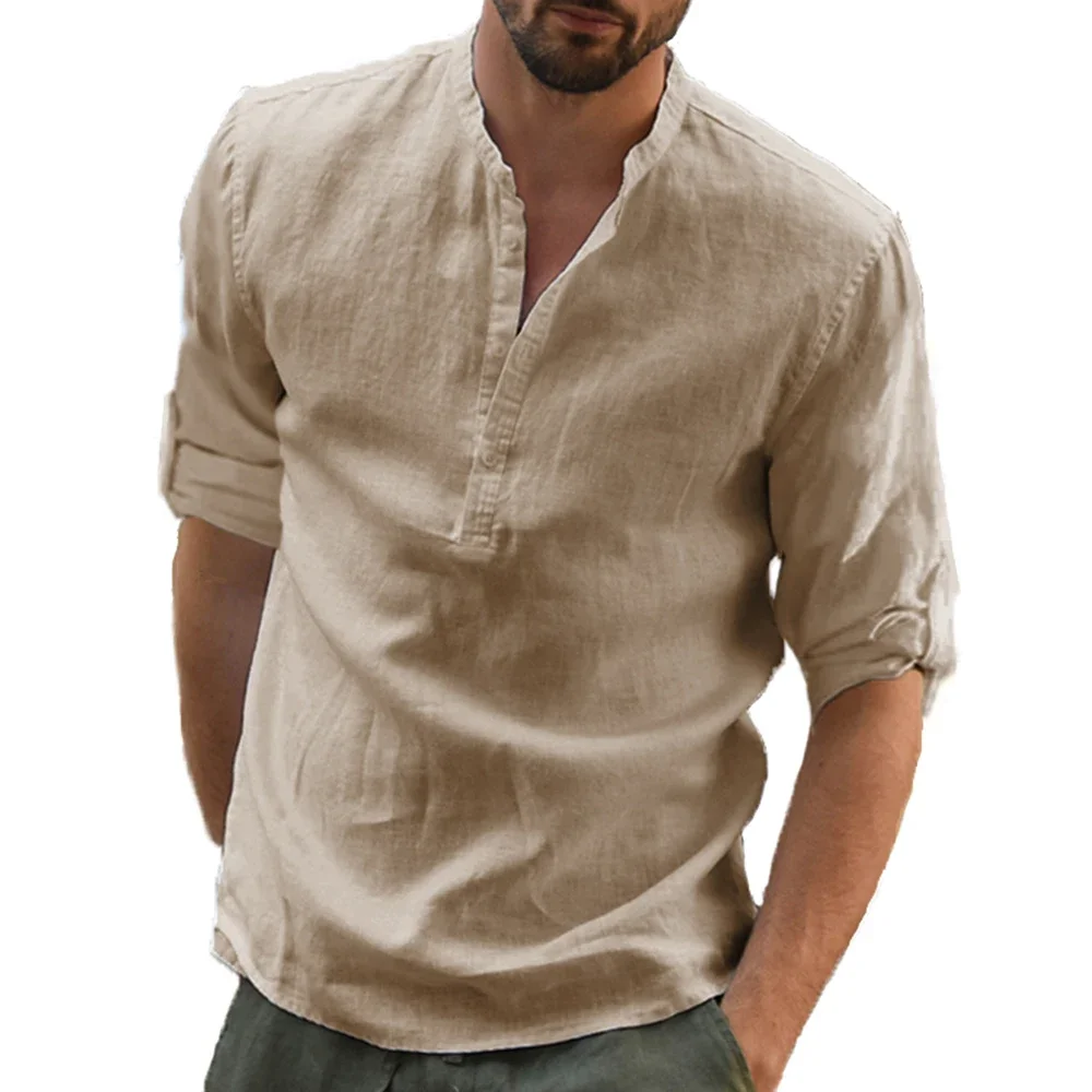 Camicie a maniche lunghe da uomo in cotone e lino vendita calda estate tinta unita colletto alla coreana Casual Beach Style Plus Size top uomo in lino