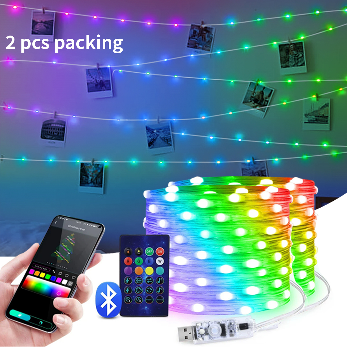 Stringa luminosa a LED RGBIC da 20 m per matrimoni, feste di compleanno, lucine all'aperto, USB 5 V, colore da sogno, sincronizzazione musicale, regalo, arredamento per la camera da letto