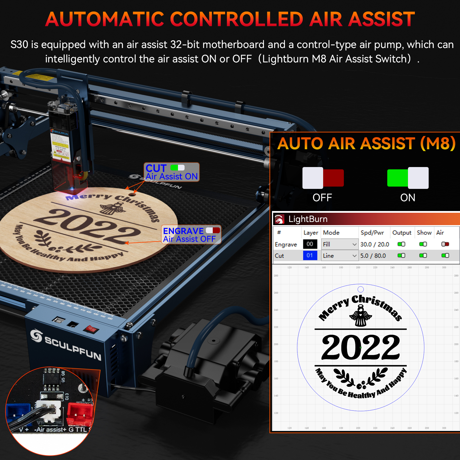SCULPFUN S30 Laser Engraver with Honeycomb &Rotary Roller Automatic Air-assist System Engraving Machine 410x400mm Engraving Area