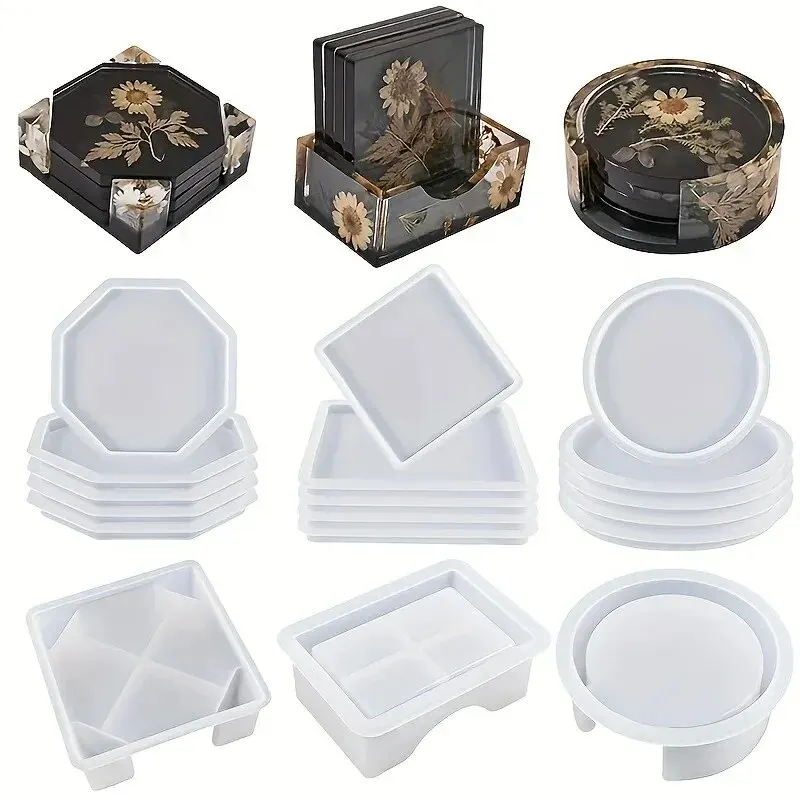 Untersetzer-Harz-Formen-Set, bestehend aus 1 Stück Untersetzer-Aufbewahrungsbox-Form, 4 Stück Silikon-Harz-Untersetzer-Form für Epoxidharz
