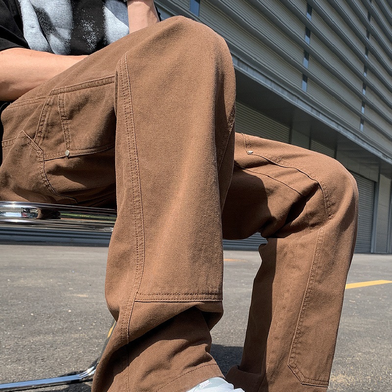 Celana kargo kasual pria, celana kargo kasual kaki lurus katun longgar semua musim tren mode Vibe jalanan tinggi pria Retro Amerika