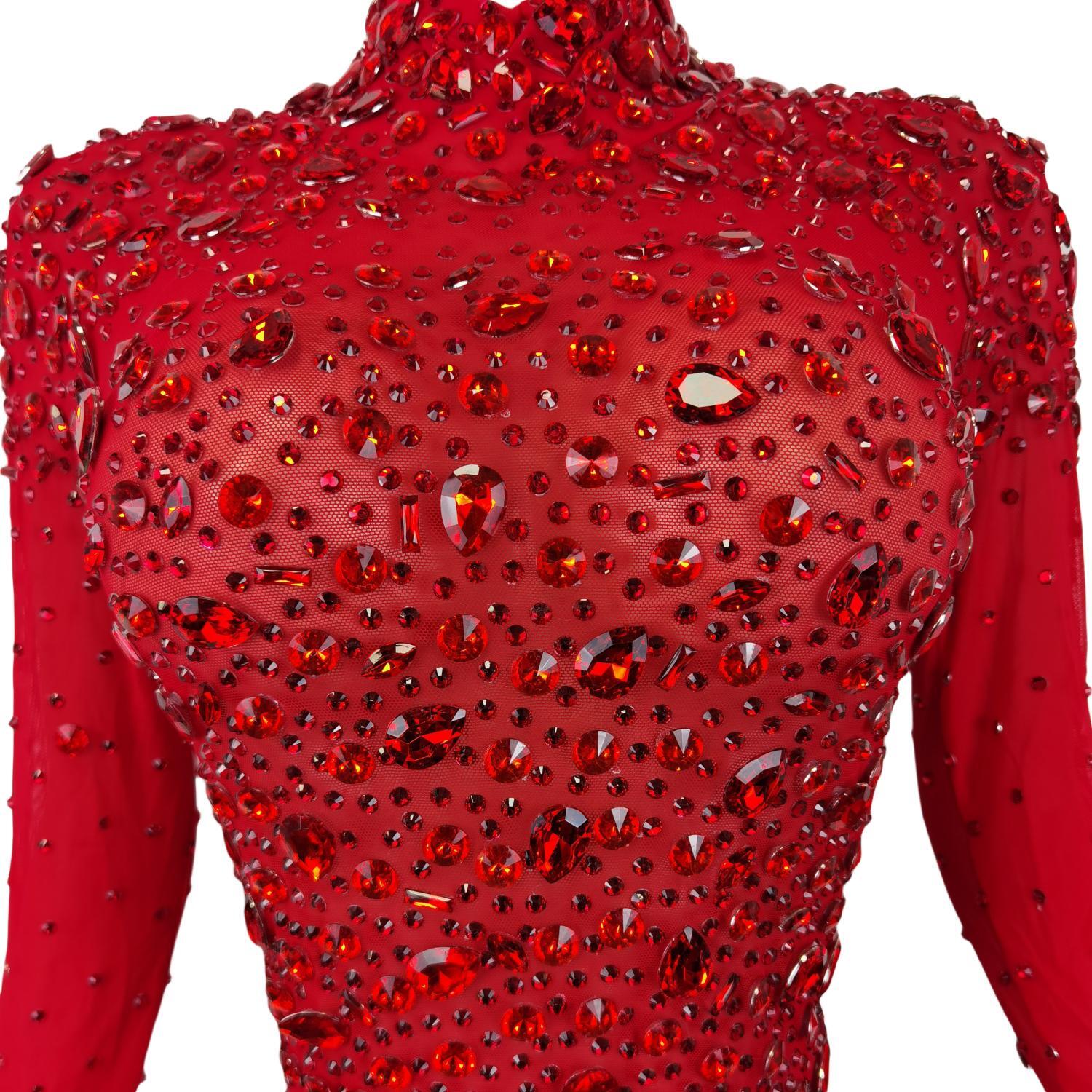 Vestidos de malha com strass para mulheres, traje de noite, vestido sexy para performance de palco, comemoração de aniversário vermelho