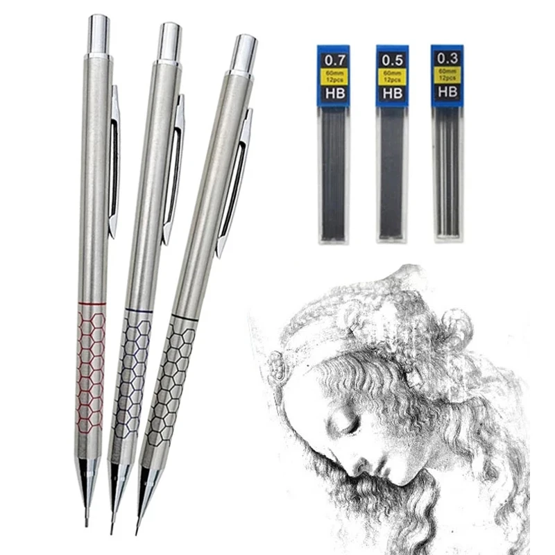 0,5 0,7 0,9 mm Metall-Druckbleistift mit Radiergummi-Set 2B/HB Mine Art Sketch Zeichenzubehör Automatisches Bleistift-Schreibpapier