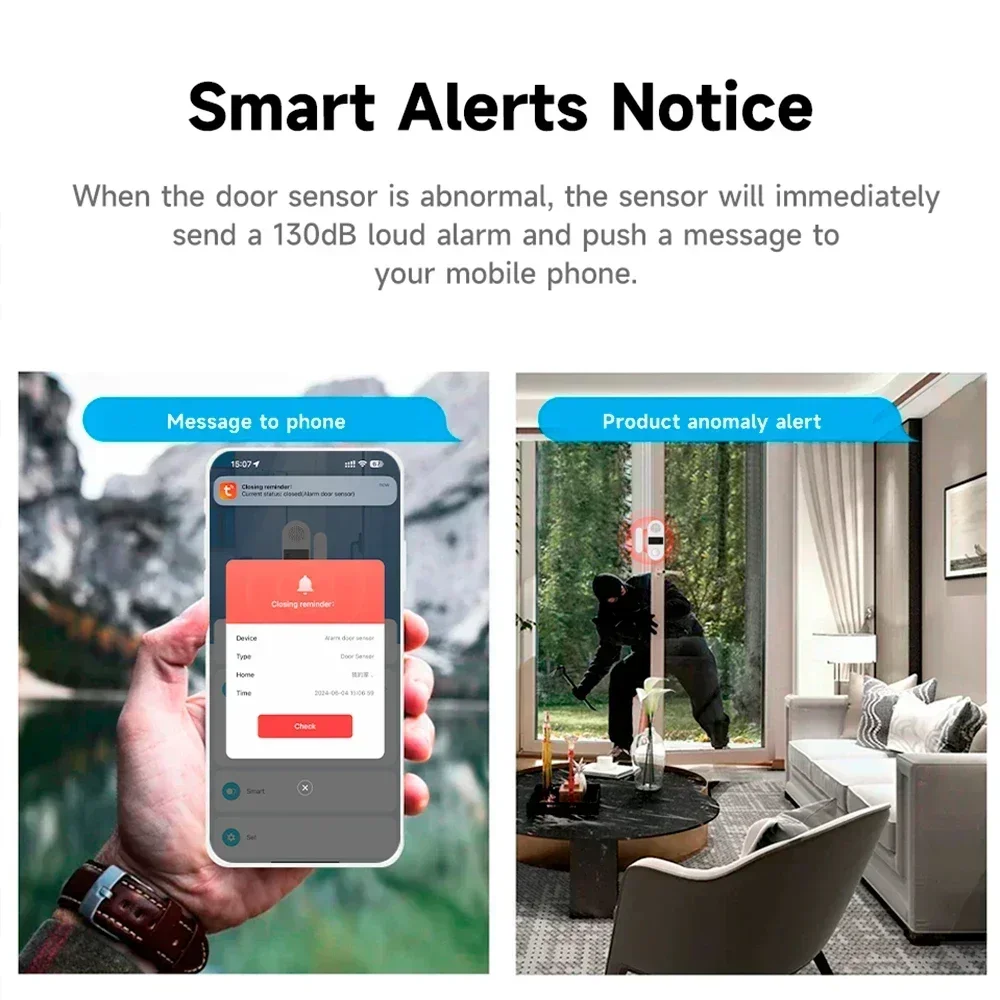 Tuya WiFi Czujnik okna drzwi Alarm dźwiękowy i świetlny Bezpieczeństwo w domu Bezprzewodowa magnetyczna ochrona przed kradzieżą Inteligentna ochrona sterowania głosem