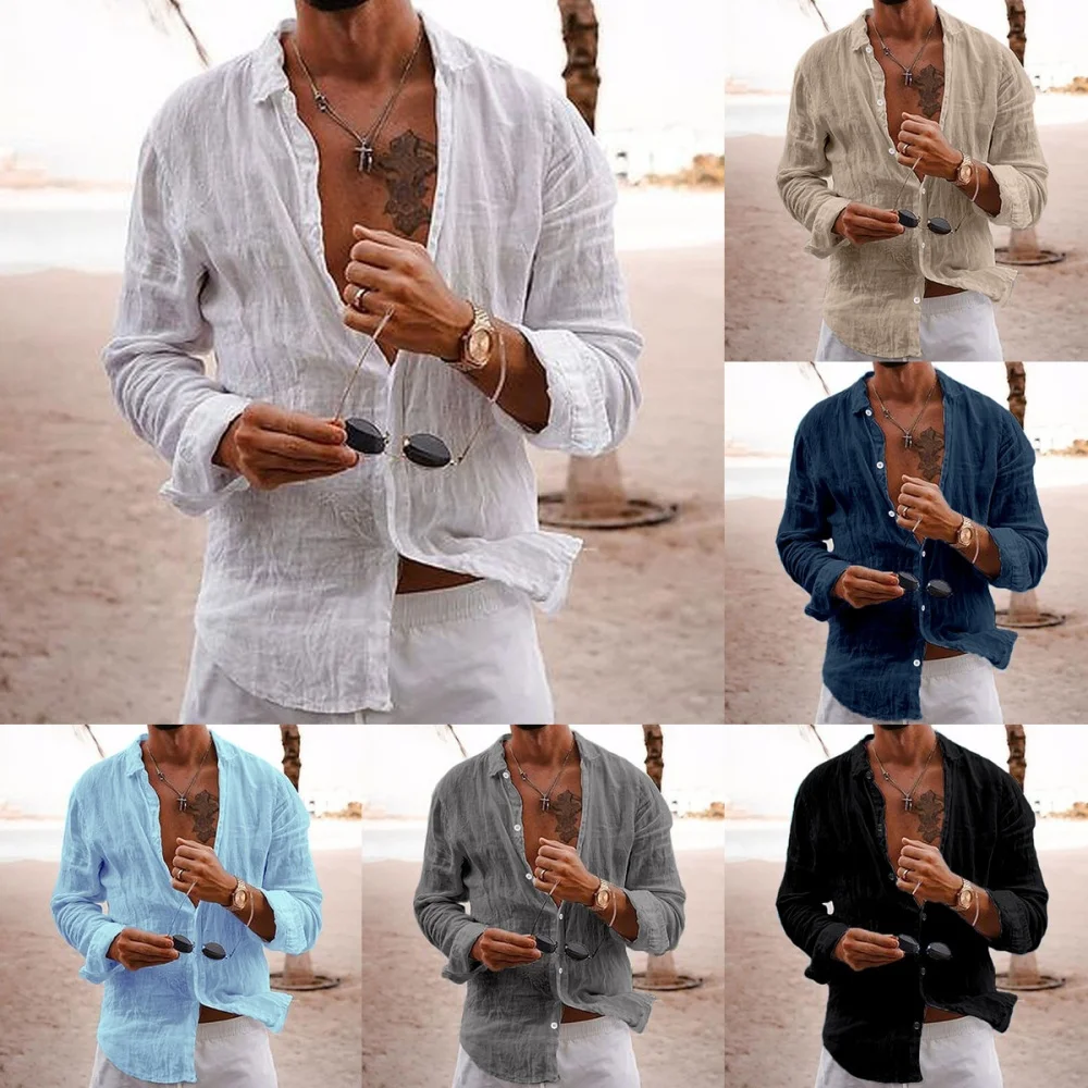 Hot Sale New Men's Solid Long-sleeve Casual Shirts Comfortable Cotton Linen Loose Vacation Beach Blouses Men Retro Cardigan Tops