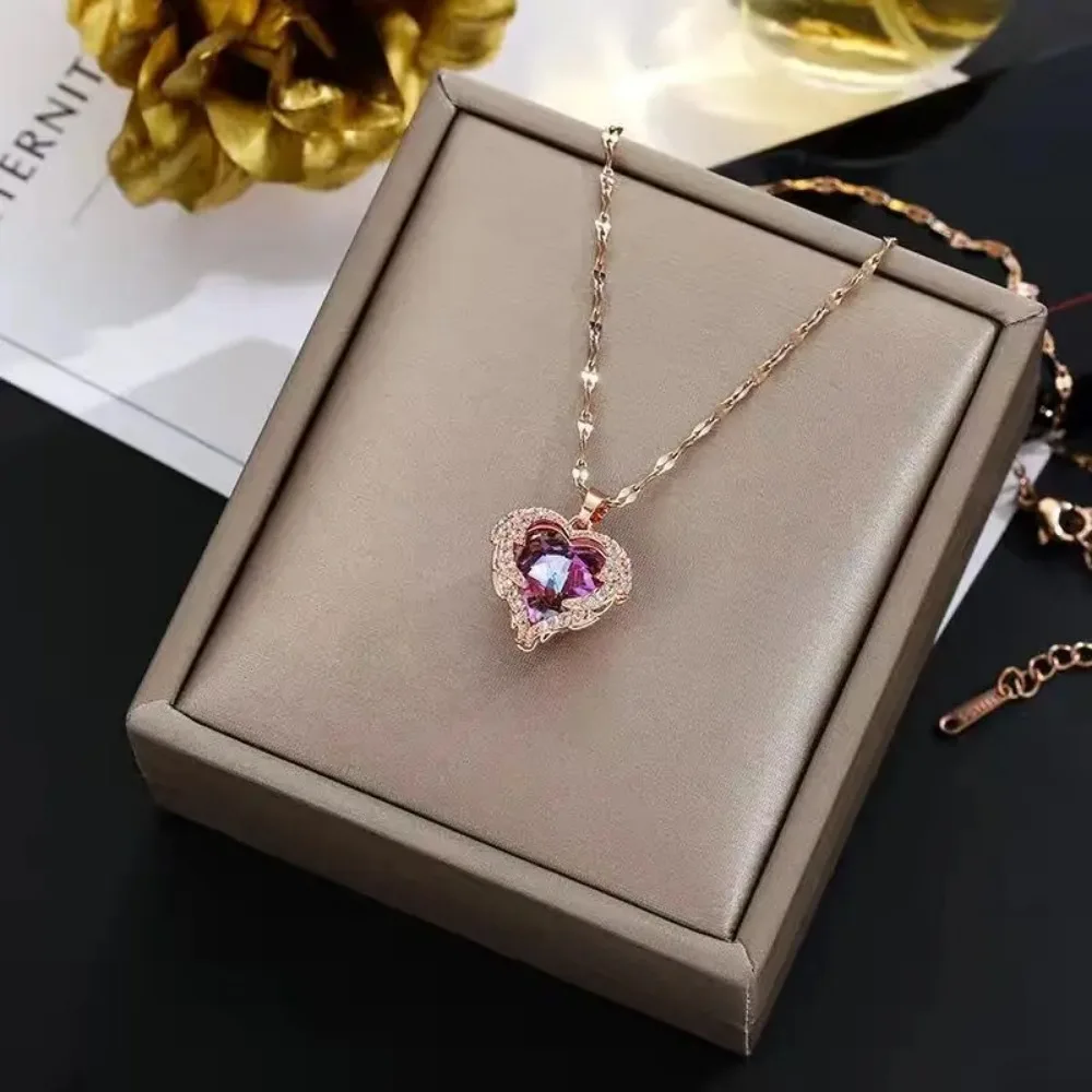 Collana con ciondolo a forma di cuore oceano di cristallo colorato di lusso superiore per le donne catena con collo da sposa femminile alla moda in acciaio inossidabile 316L
