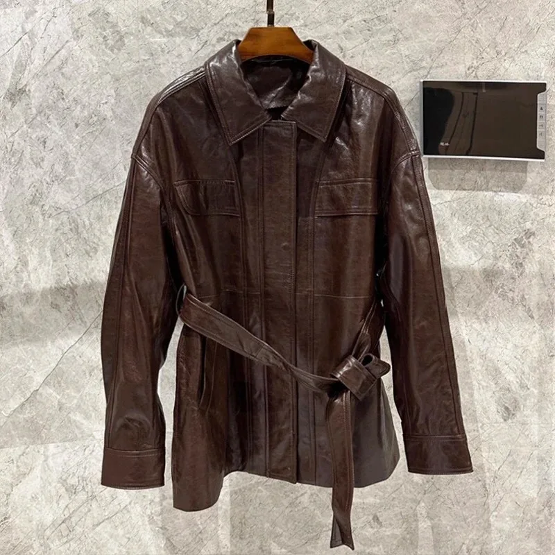 Tenues 2025 nouveau coupe-vent en cuir de cire d'huile importé femmes rétro marron décontracté mi-longue veste avec ceinture Abrigo Mujer
