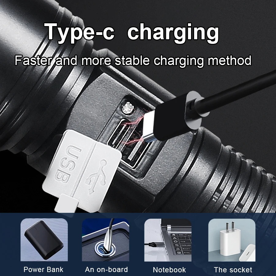 2000000LM Ultra-High Power Flashlight Digital Electronic Display Waterproof Torch Zoom Hand Light Outdoor Camping Lantern