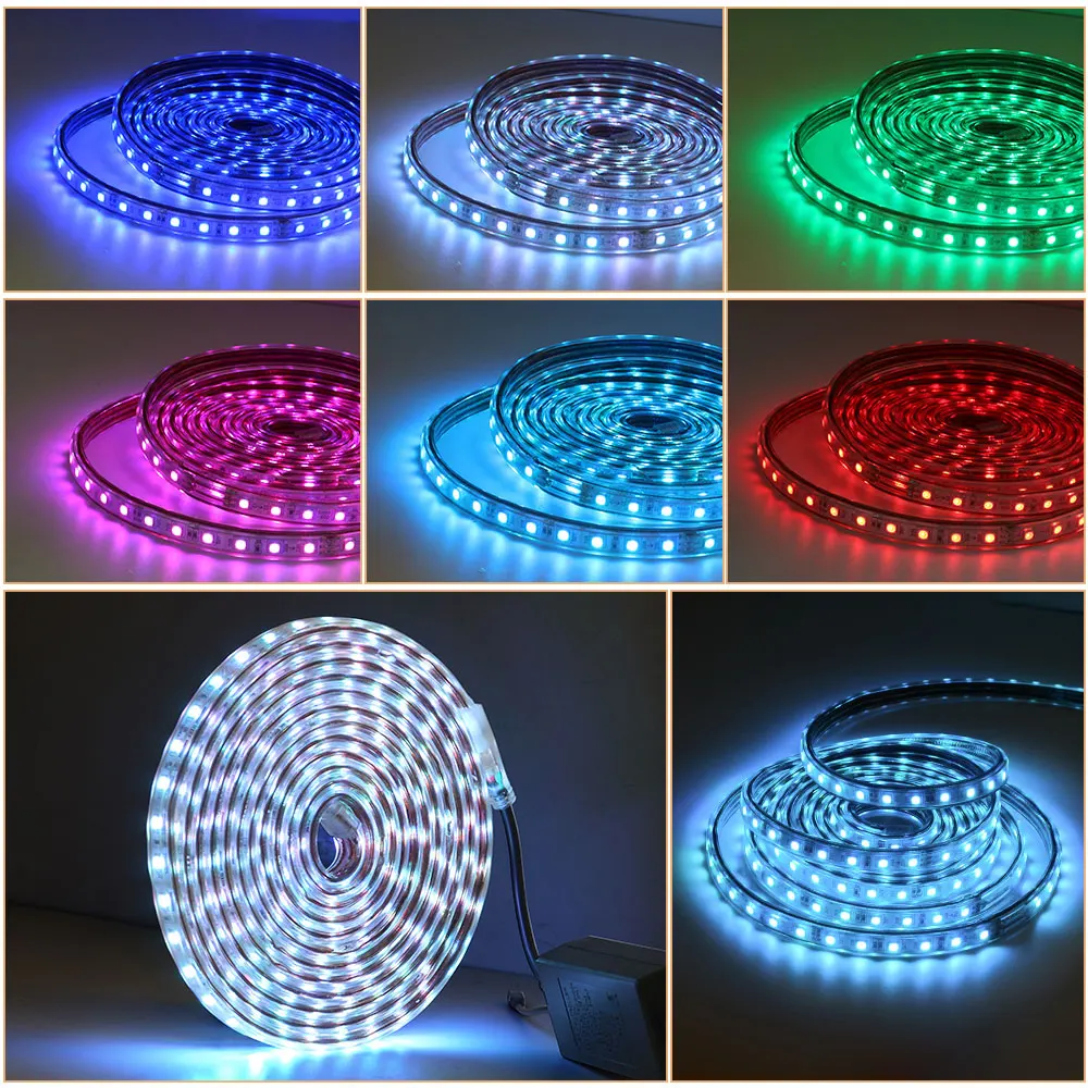 Tira de luces LED RGB de 220V, resistente al agua/multicolores/multimodos/lámpara de cuerda SMD5050 regulable con control remoto/enchufe europeo para construcción de jardín