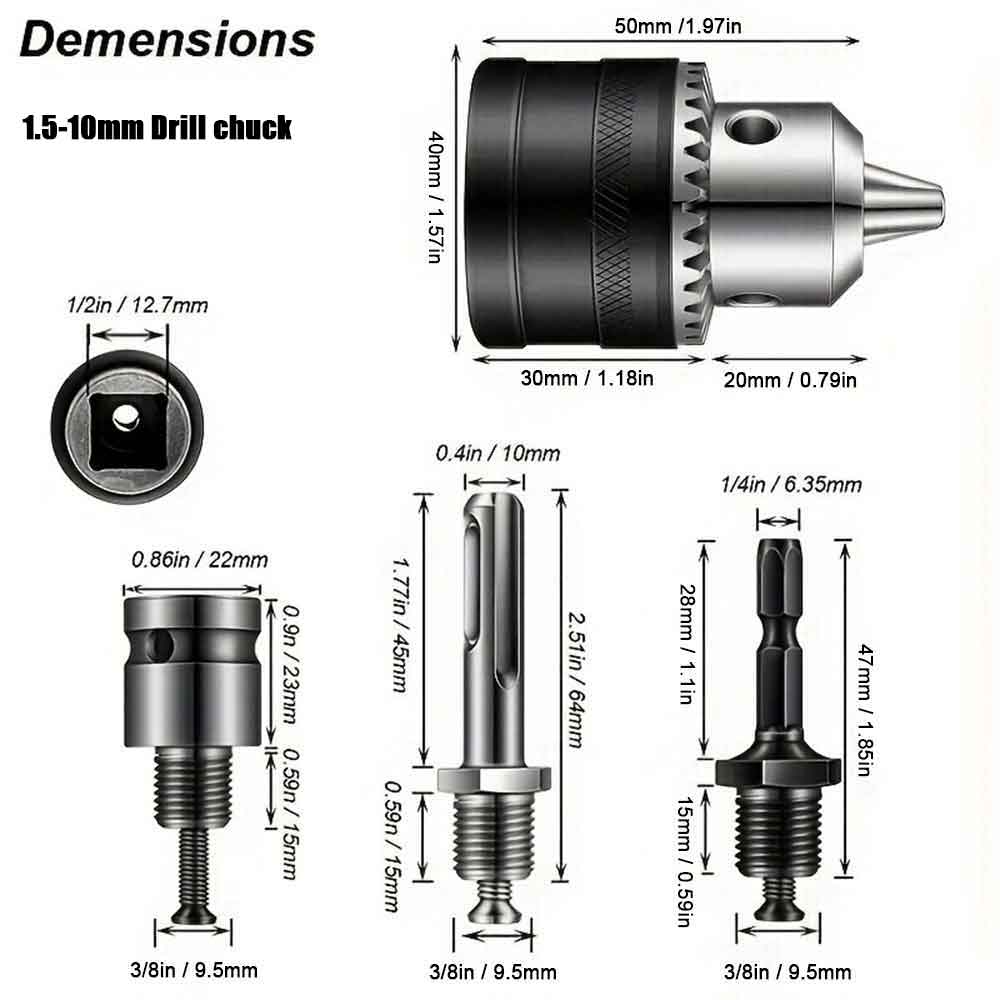 1,5-10 mm boorkop, 3/8-24UNF montage slagschroevendraaier bits Chuck conversie zeskantschacht/SDS-Plus socket vierkante adapter met Chuck sleutel