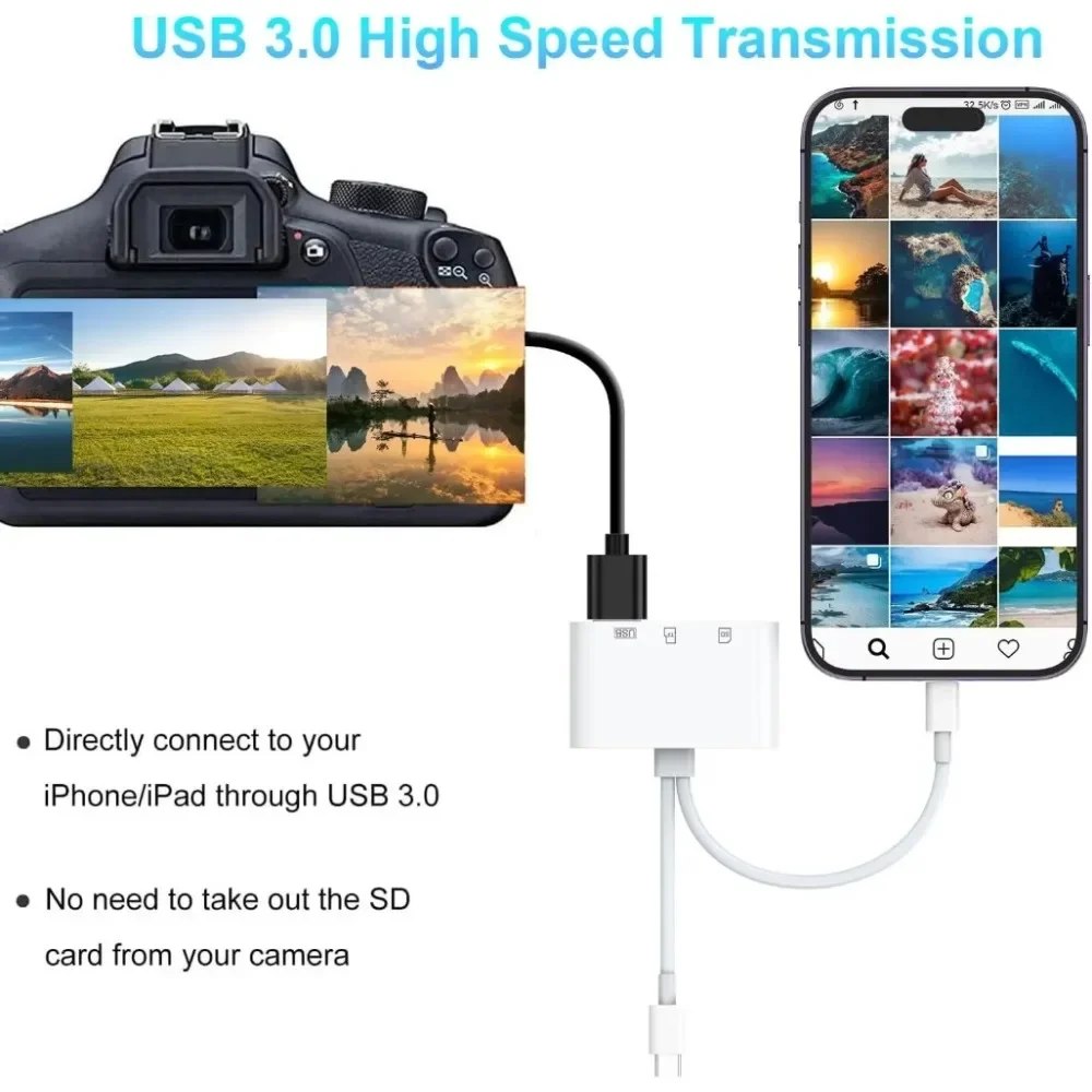 5 In 1 SD Card Reader  Lightning /Type C to USB 3.0/SD/TF Card Adapter, Memory Card Reader for iPhone iPad MacBook Samsung Andro