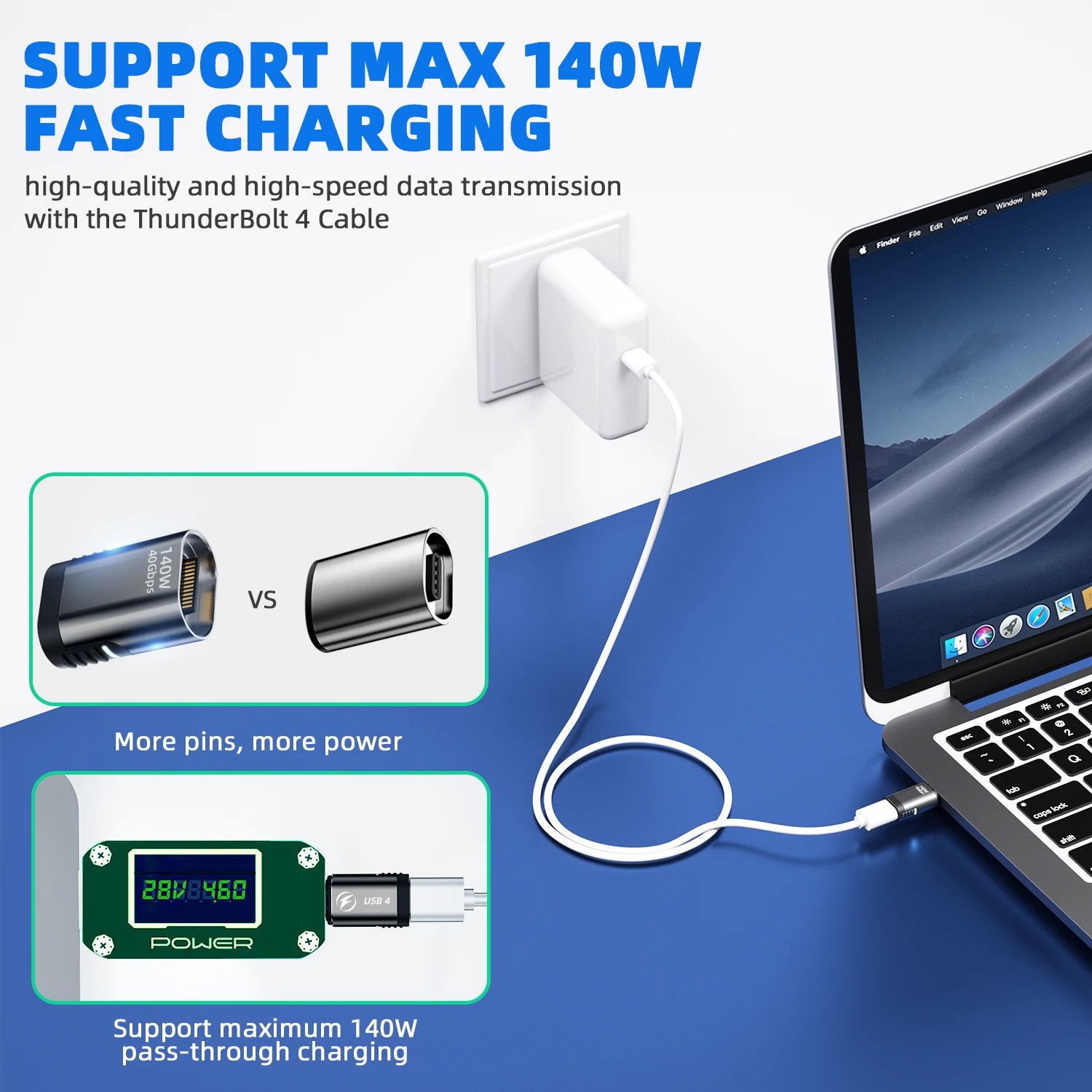Магнитный адаптер USB 4.0 USB C, разъем типа C PD 140 Вт, быстрая зарядка, 40 Гбит/с, конвертер 8K при 60 Гц, передача данных для Macbook Pro Air