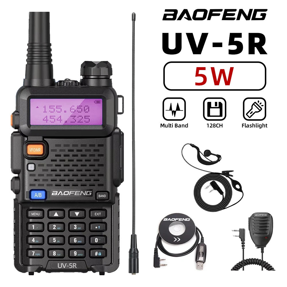 Baofeng-walkie portátil de mano, UV-5R de alta calidad, 128 canales, 3-5KM, comunicación por Radio FM de largo alcance, 1 ud.