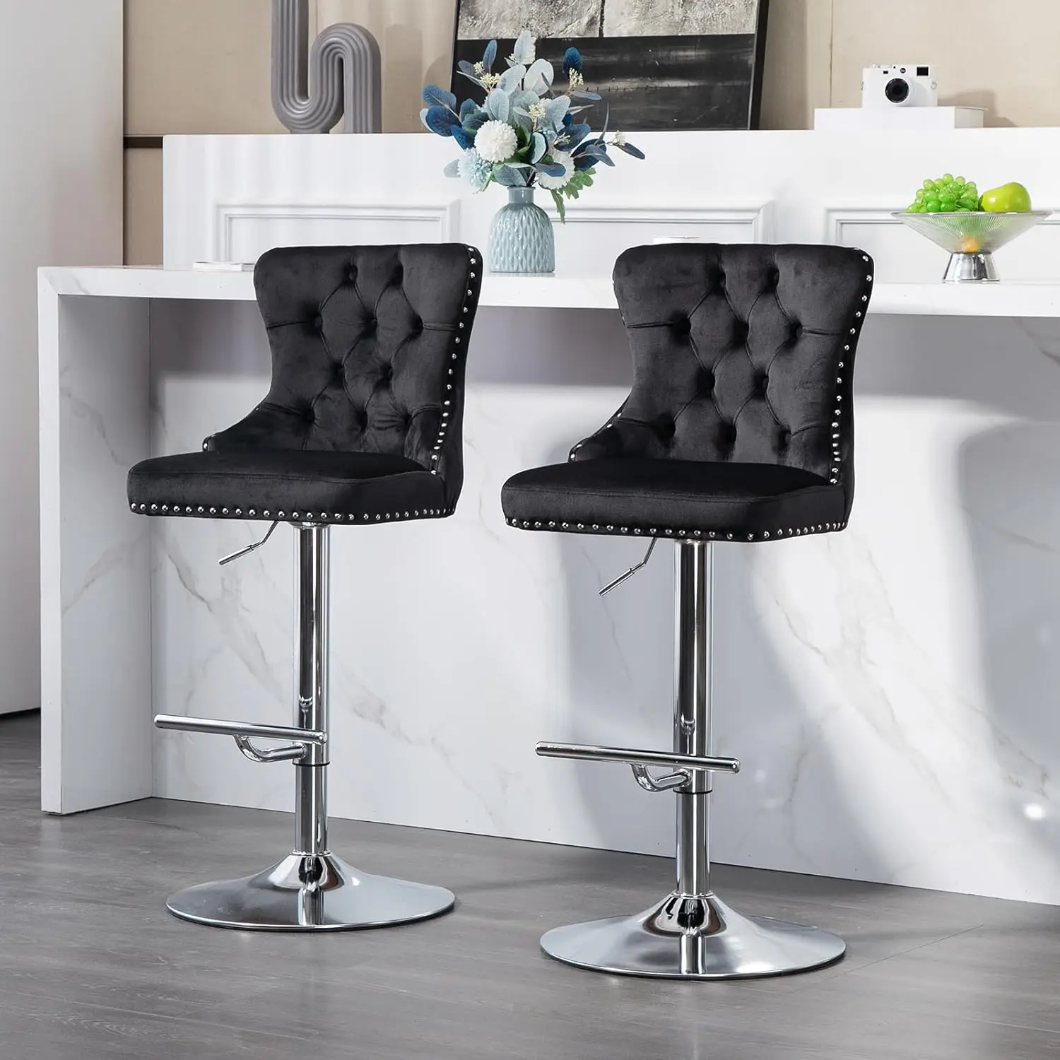 2 PCS Modern Swivel Bar Stools Velvet Adjustable Bar Chairs with Backs and Footrest Adjustable Barstools for Kitchen Club