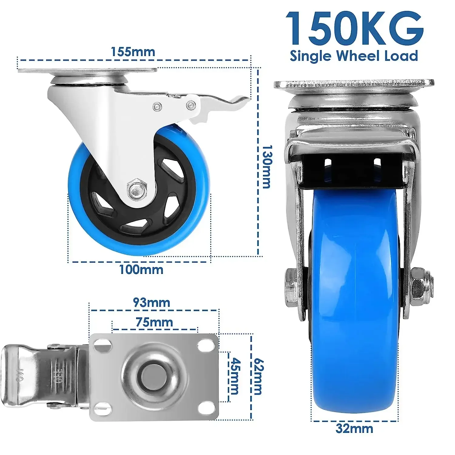 Rolos de transporte Rodízios giratórios de 100 mm com freio para todos os tipos de pisos, transporte de móveis, transporte industrial e logística
