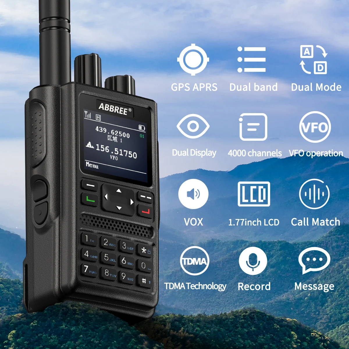 ABBREE DM-F8 GPS APRS Walkie Talkie DMR Dual Band UHF VHF 4000 Kanäle Long Range High Power Typ-C Ladegerät VOX Two Way Radio
