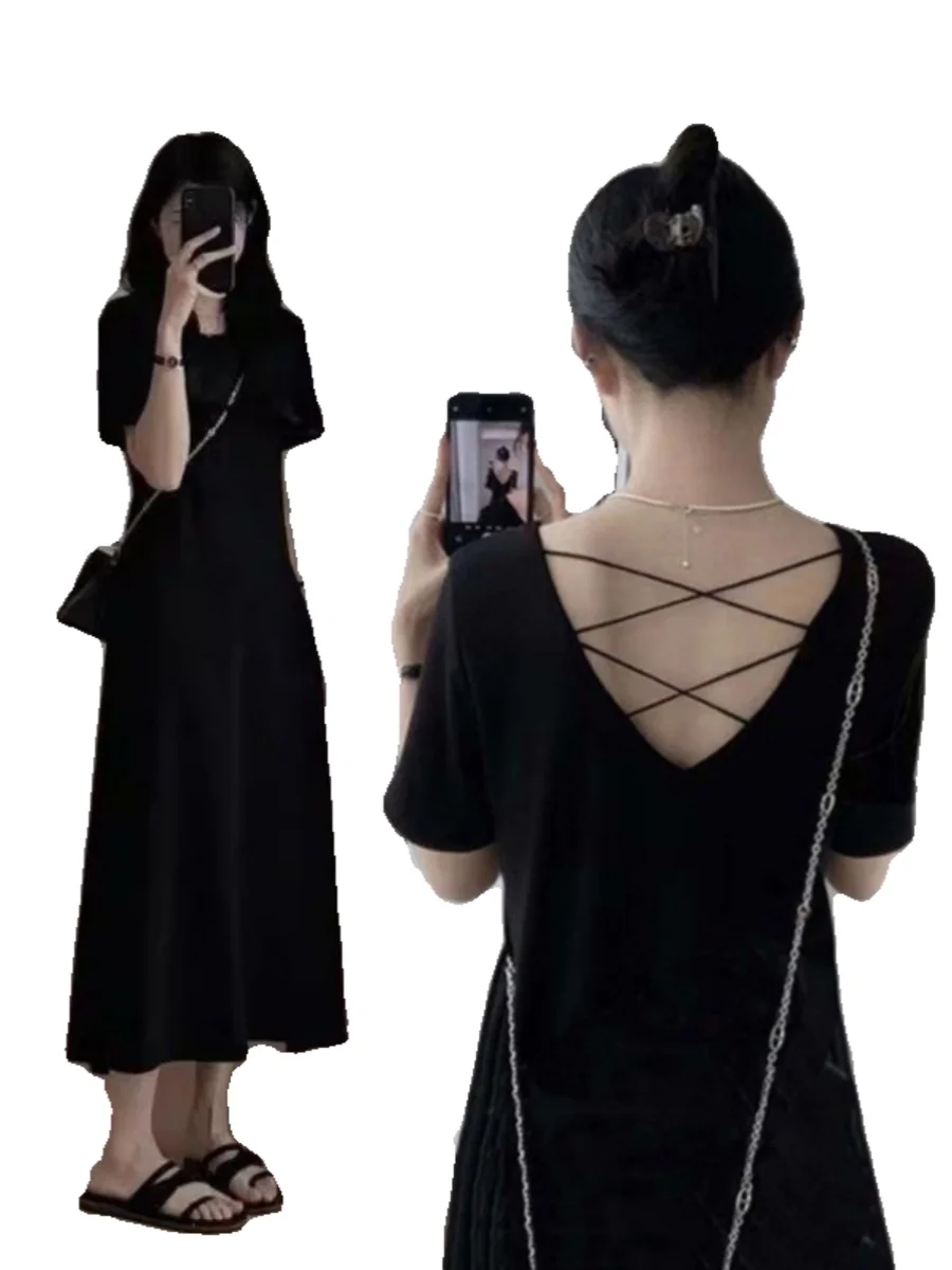 プラスサイズ黒背中の開いたクロスボディバッグ夏ルーズフィット隠すお世辞ロング Tシャツドレスプラスサイズの女性のための