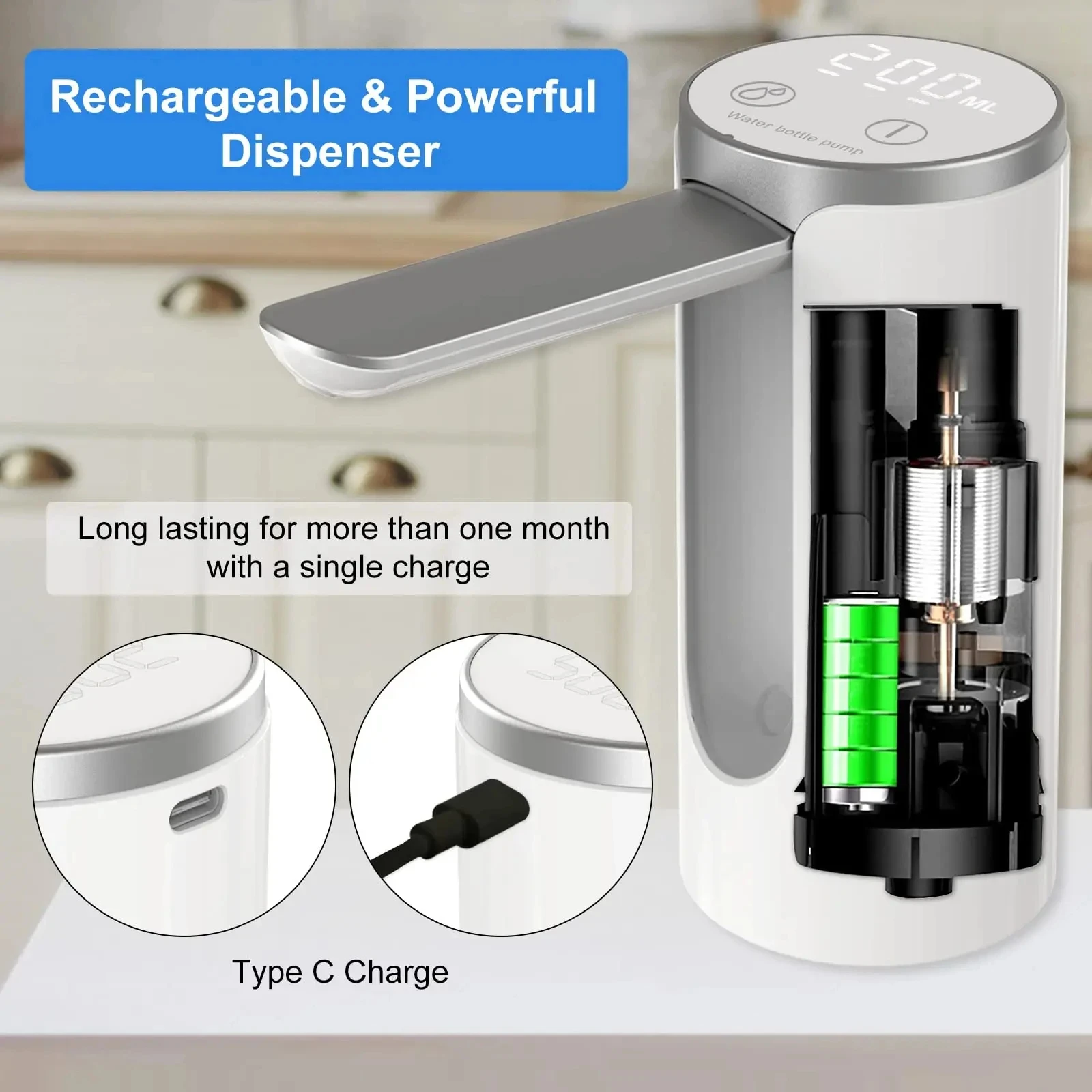 Wasserflaschenpumpe mit LED-Anzeige, faltbar, elektrisch, 1200 mAh, Typ C, wiederaufladbar, automatischer Anschlag, Touch-Taste, 3 quantitative Einstellungen