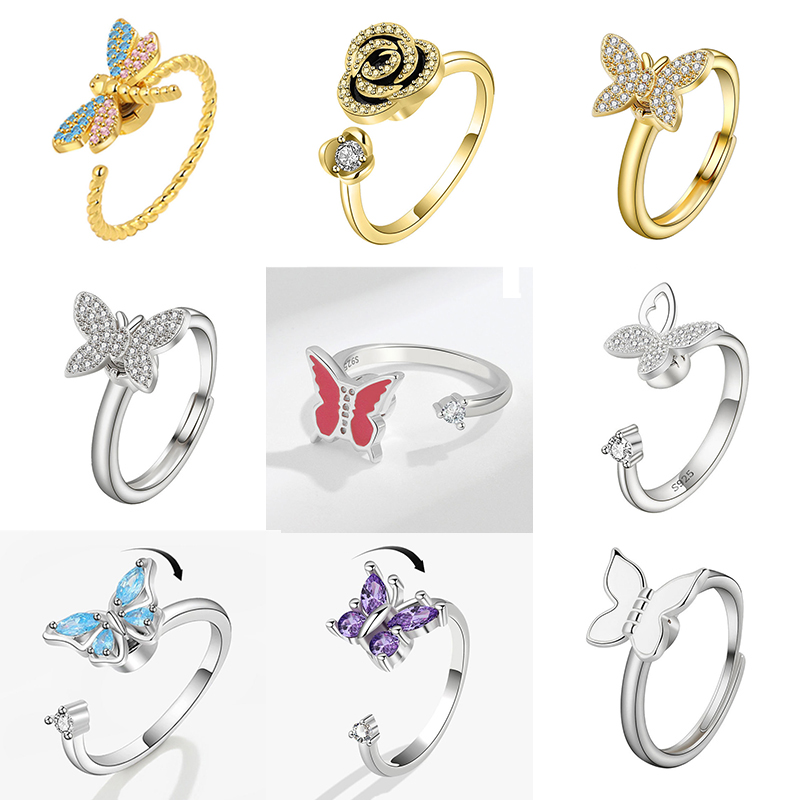 Luxury Fidget Spinner Ring for Women Zircon Anti Stress Anxiety Butterfly Flower Finger Rings Rotating Freely Joint Accessories