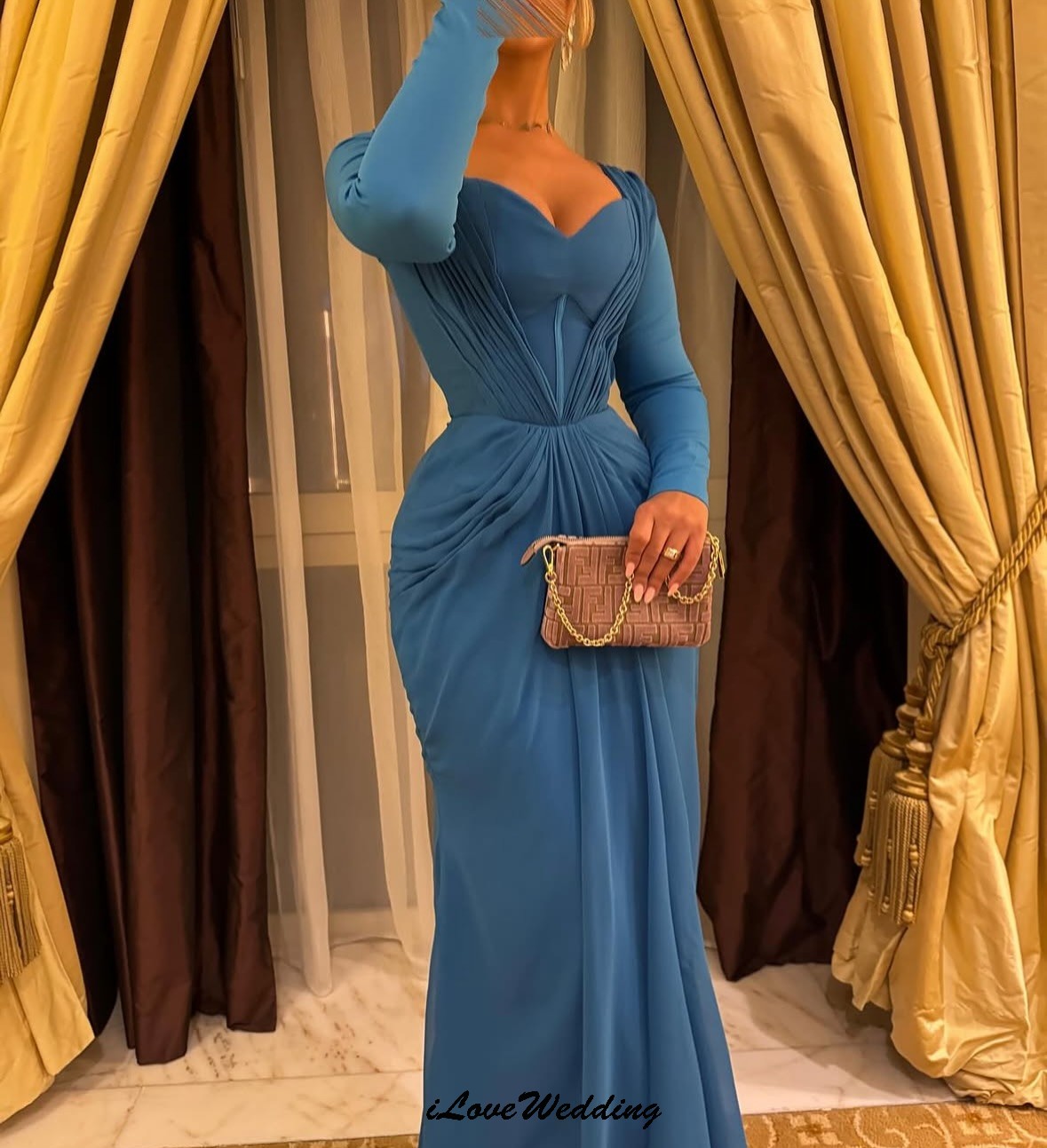 Blue V-Neck Evening Dresses Elegant Chiffon Woman Wedding Party Dress Formal Ruched Mermaid Long Sleeve Ankle Length Customized