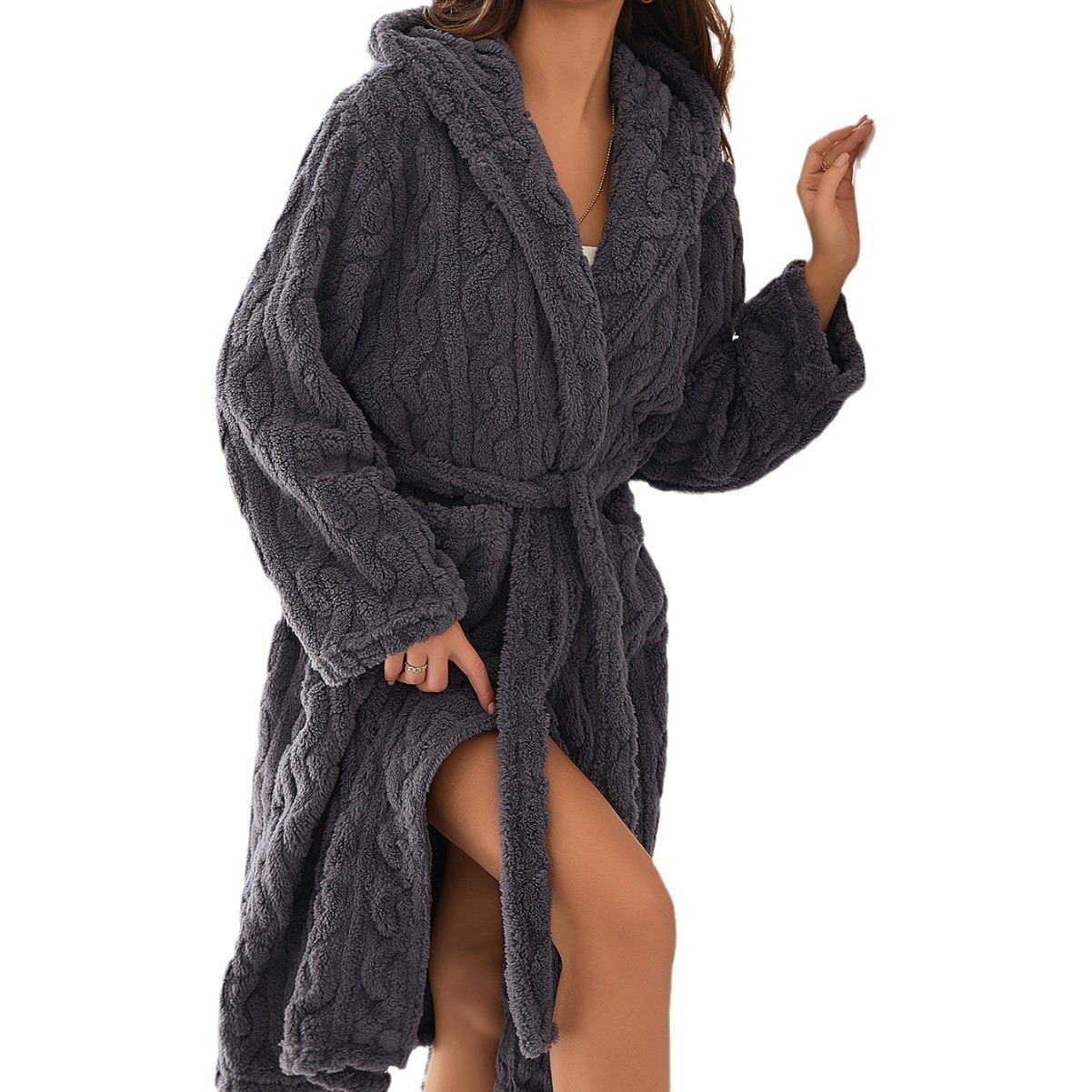 Vestido largo de franela rosa para mujer, ropa de salón, albornoz grueso de lana Coral con capucha, ropa de dormir holgada para otoño e invierno, vestido para casa