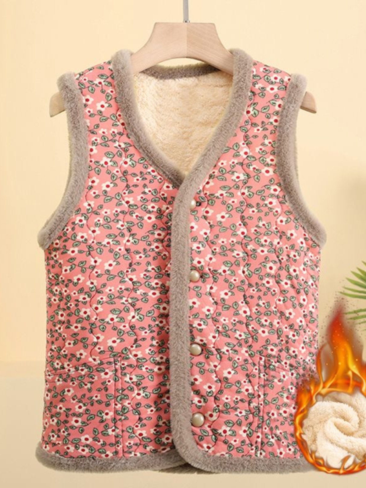 Women's Fleece Lined Slim Fit Vest Thickened Autumn Winter Inner Wear V Neck Print Polyester Fiber Warmth Backless Top