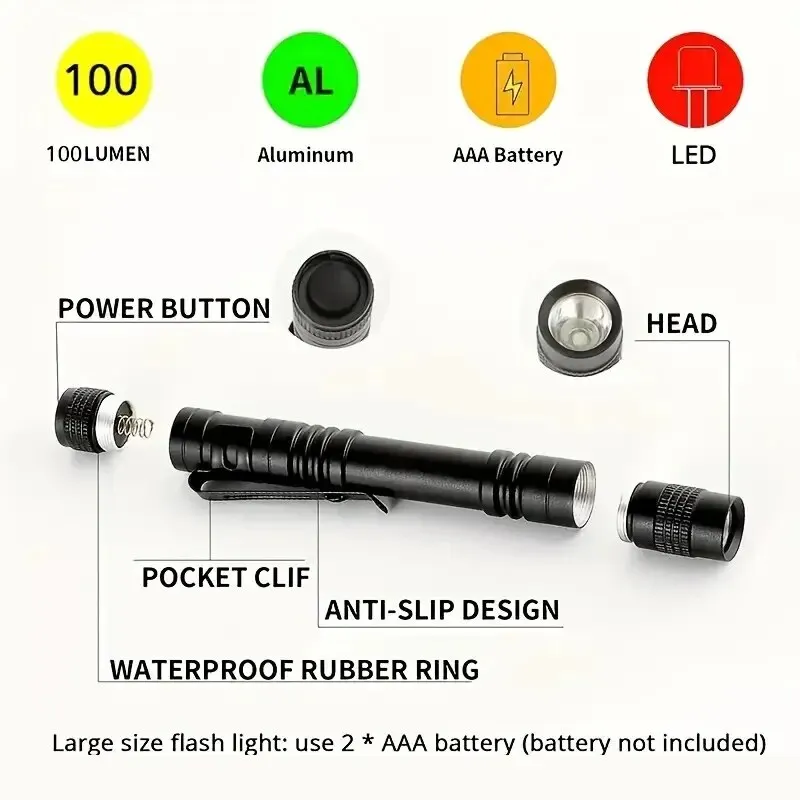 ミニポータブルLED懐中電灯、ポケットペンライト、超高輝度、高ルーメン、ハンドヘルドトーチ、キャンプ、屋外、緊急、5個
