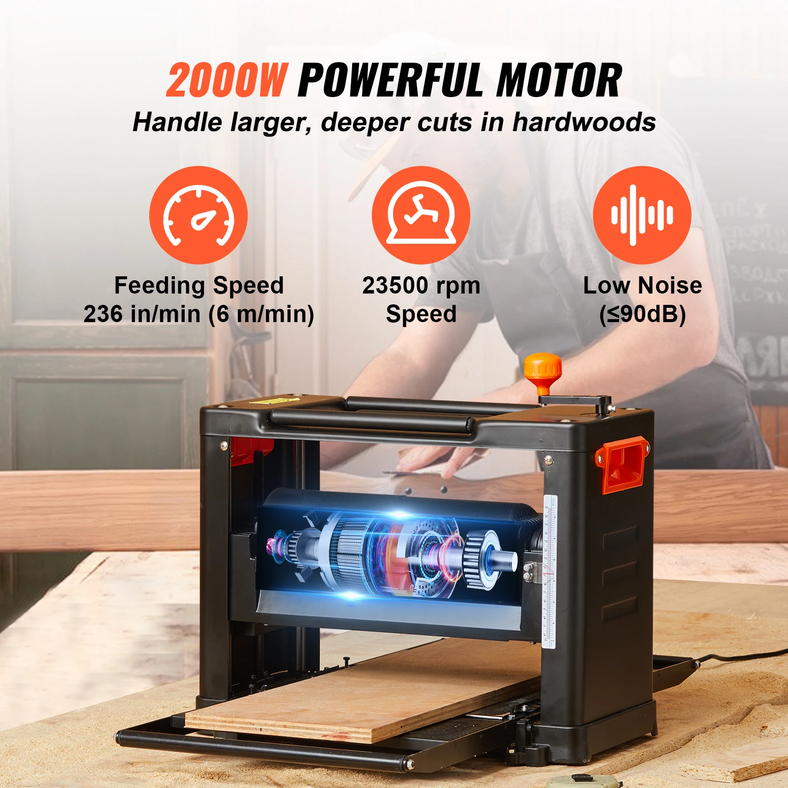 Plaina elétrica de espessura SucceBuy, plaina de madeira de 13 polegadas com 3 lâminas, duas velocidades, 15 Amp, 2000W para aplainamento de madeira DIY