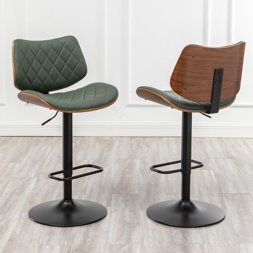 Bar Stools Set of 2 Mid Century Modern Adjustable Counter Height Green Leather Upholstered 360°Swivel Bar Chairs