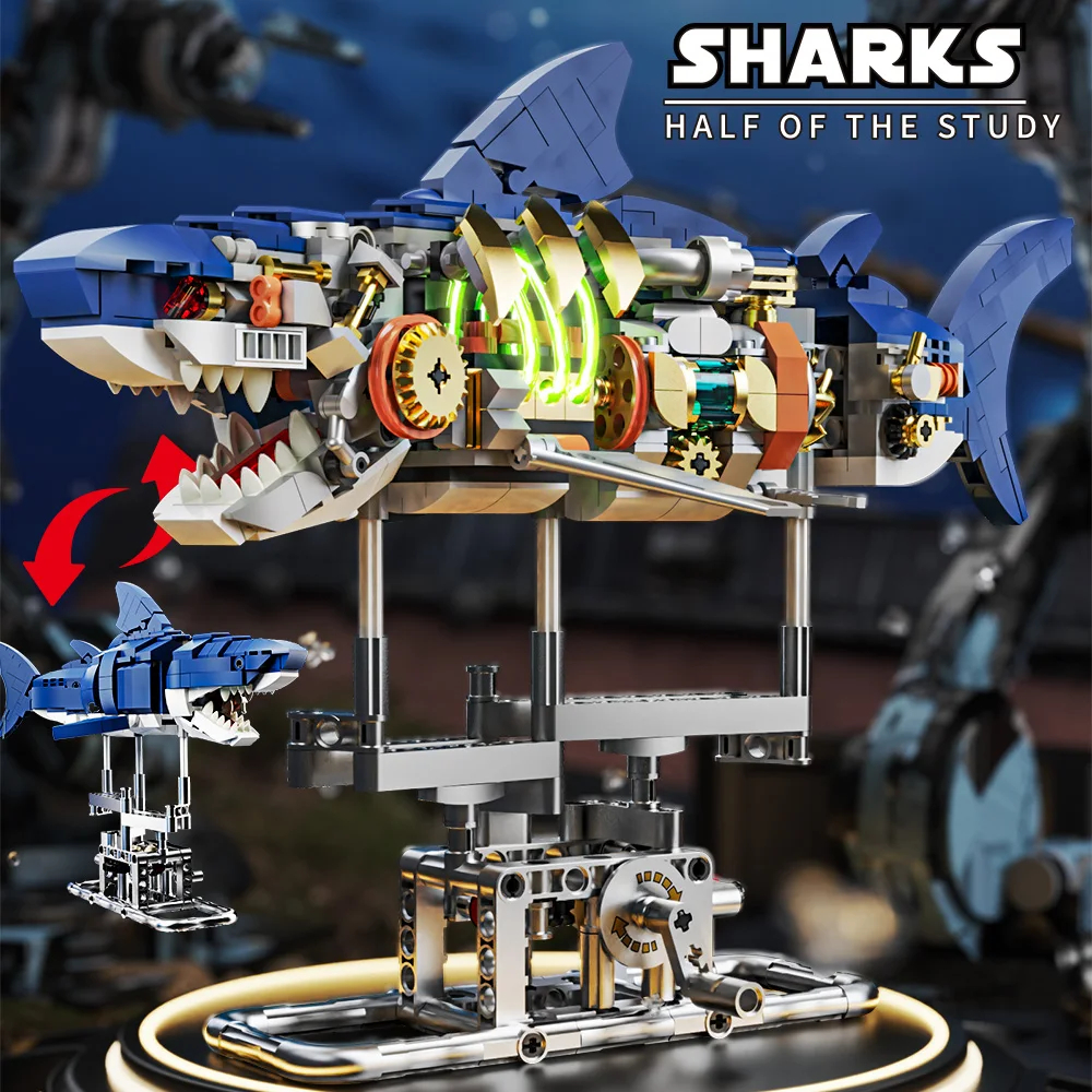 ชุดอาคารฉลาม ชุดบล็อกตัวต่อ Shark Sea Life พร้อมขาตั้งจอแสดงผลและไฟ ของขวัญบล็อกสําหรับเด็กและผู้ใหญ่ 687 ชิ้น