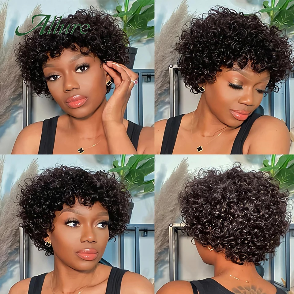 สั้นPixie Afro Kinky Curlyวิกผมสําหรับผู้หญิงสีดําGluelessสีน้ําตาลธรรมชาติBobวิกผมกับBangs Jerry CurlyวิกผมAllure