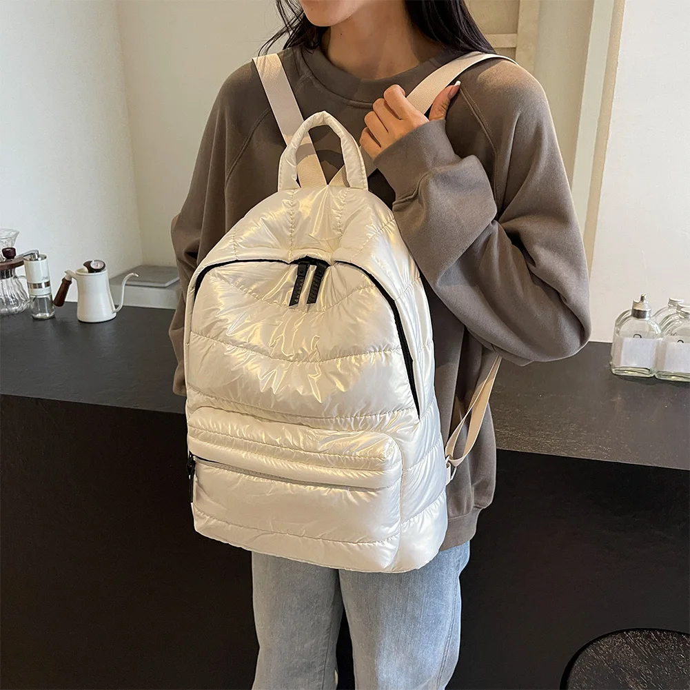 Mochila acolchada de plumón de gran capacidad para estudiantes, bolsa de libros informal de Color sólido, mochila con correa ajustable para adolescentes, Invierno